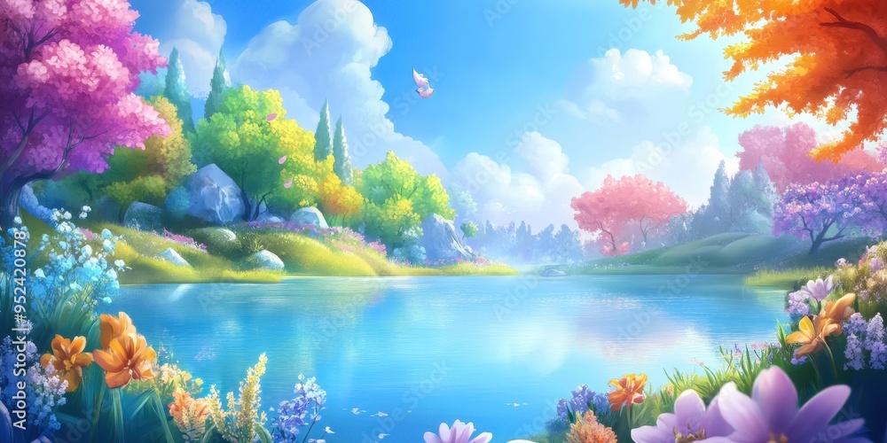 A peaceful lake surrounded by flowering trees A peaceful lake surrounded by flowering trees