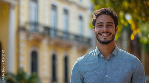 Young smiling Brazilian man in business office clothes against the background of a beautiful building in Rio de Janeiro, student, boy, guy, university, worker, entrepreneur, employee, businessman photo