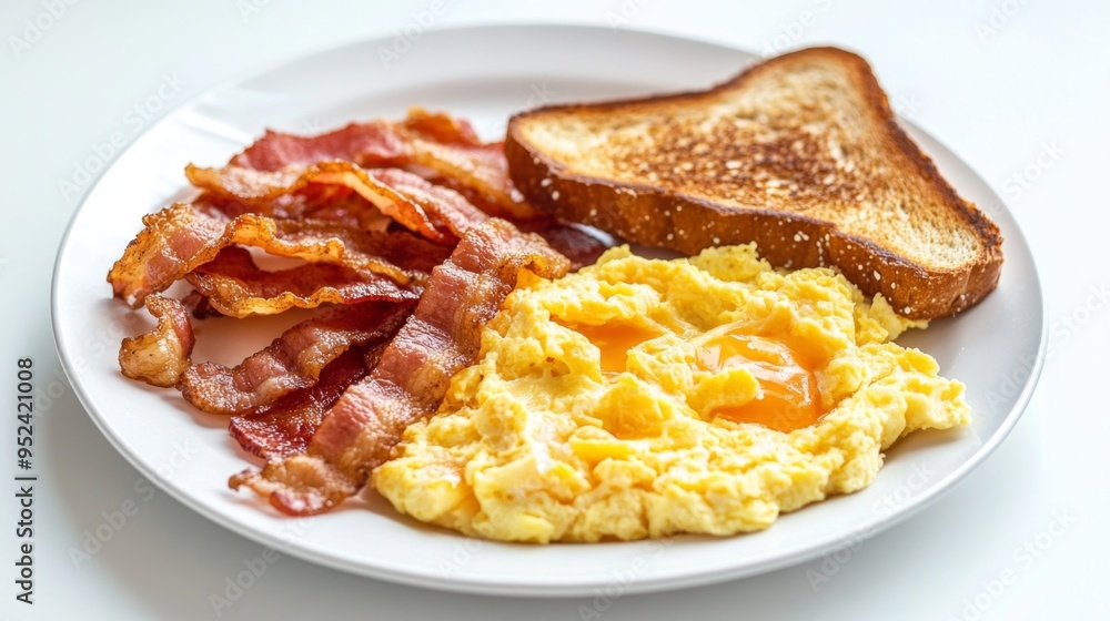 A classic American breakfast plate with scrambled eggs, crispy bacon, and toast, all arranged neatly on a white plate with a clean white background. A classic American breakfast plate with scrambled eggs, crispy bacon, and toast, all arranged neatly on a white plate with a clean white background.