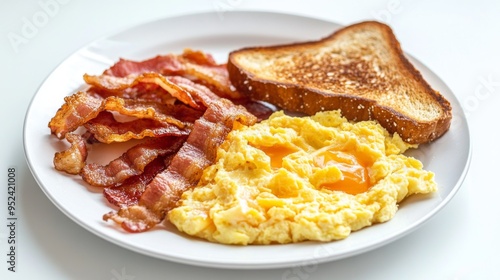 A classic American breakfast plate with scrambled eggs, crispy bacon, and toast, all arranged neatly on a white plate with a clean white background.