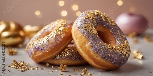 A luxury-themed doughnut with gold leaf and edible glitter. photo