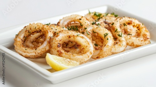 A clean and simple shot of grilled calamari rings with a lemon wedge, set on a white plate with a white background, emphasizing the dish clean and appetizing presentation.