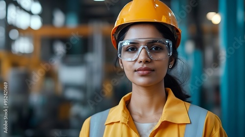 Portrait Indian woman worker supervisor smart confident look with engineer safety suit work in large factory warehouse industry : Generative AI