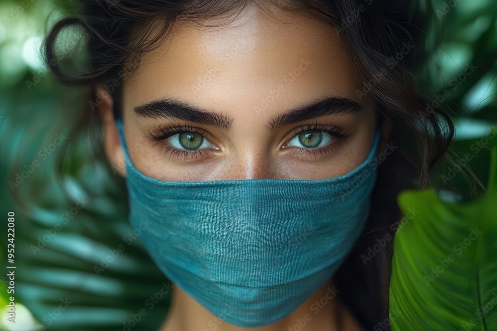 a woman in a vibrant blue face mask her emerald eyes piercing the camera rich brown hair frames her face against a softfocus backdrop of lush green foliage intimate portrait natural lighting a woman in a vibrant blue face mask her emerald eyes piercing the camera rich brown hair frames her face against a softfocus backdrop of lush green foliage intimate portrait natural lighting
