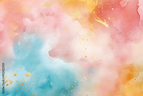 Elegant Multicolor Watercolor Background with Gold Accents and Soft Abstract Design