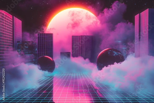 Retro Futuristic Cityscape with Neon Sunset and Digital Grid