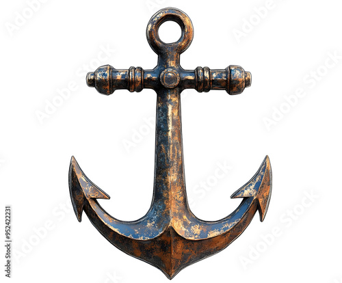 A detailed vintage anchor showcasing its rustic metal texture and classic design, perfect for nautical themes and maritime decor. photo