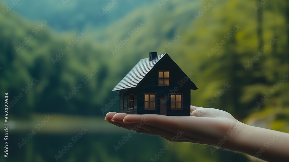 Man hand holding miniature black house model building with keys and soft light on lake and green forest background over sky for concept of home insurance and real estate : Generative AI