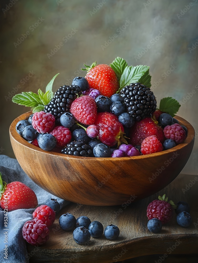 Vibrant Juicy Berries in Rustic Wooden Bowl with Dew Kissed Goodness Vibrant Juicy Berries in Rustic Wooden Bowl with Dew Kissed Goodness