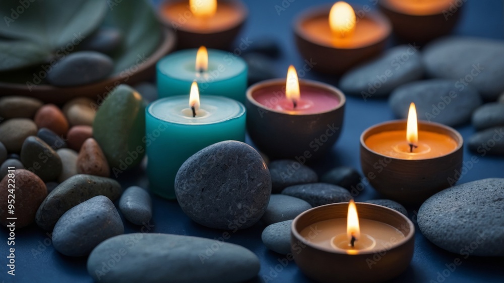 Spa items with candles and stones on a blue surface. Spa items with candles and stones on a blue surface.