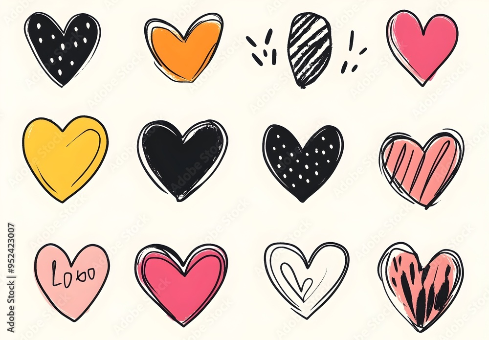 Set of Hand Drawn Heart Doodle in Simple Flat Line Art Style Set of Hand Drawn Heart Doodle in Simple Flat Line Art Style