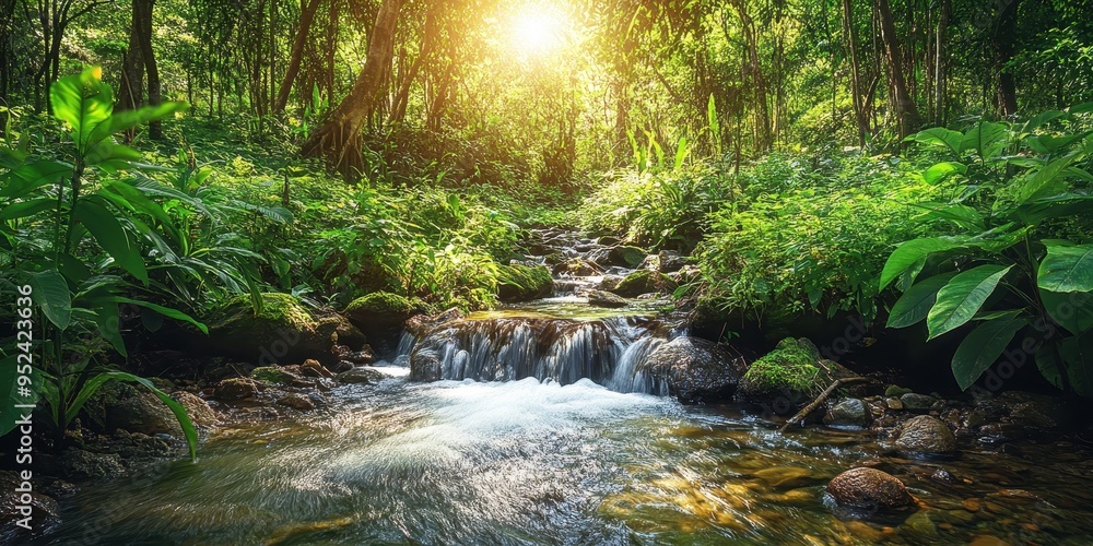 Fototapeta premium A stream flowing through a lush green forest 