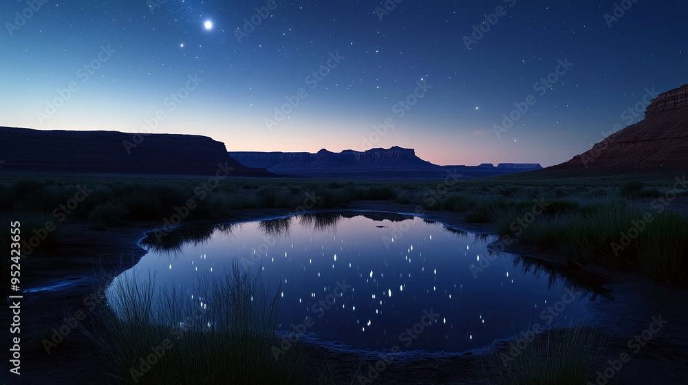 Fototapeta premium A calm night sky over a desert mesa, with the stars reflecting in a distant, shallow pool