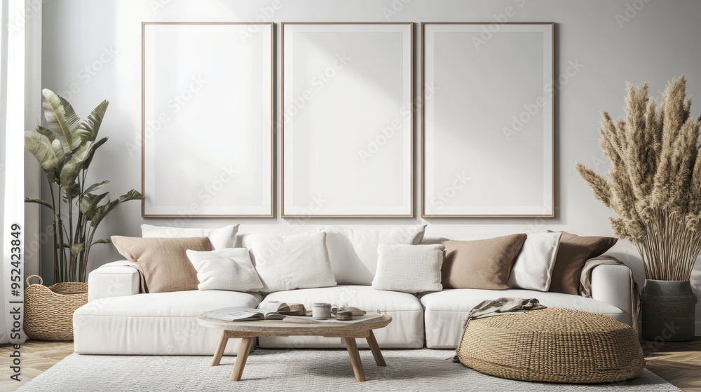 Minimalist Living Room Interior with White Sofa and Three Empty Frames Minimalist Living Room Interior with White Sofa and Three Empty Frames