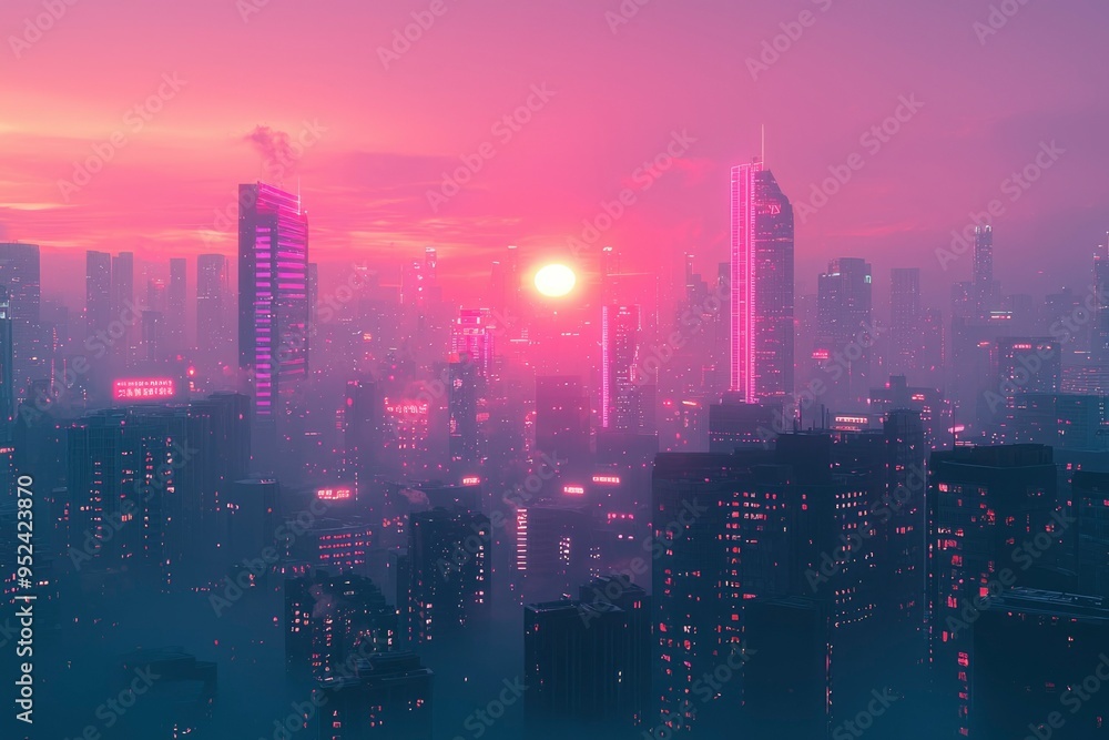 Fototapeta premium Pink Sunset Over a Futuristic Cityscape
