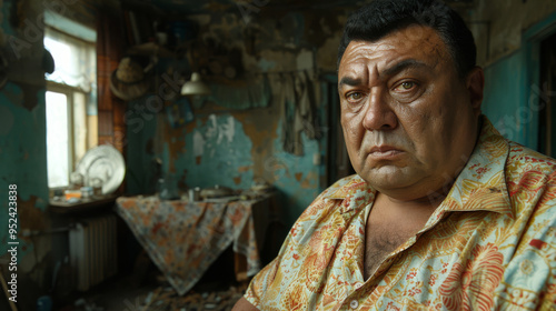 Wallpaper Mural A mafioso man with a serious expression wearing a patterned shirt, set against the backdrop of a dimly lit, dilapidated kitchen, depicting a somber mood. Torontodigital.ca