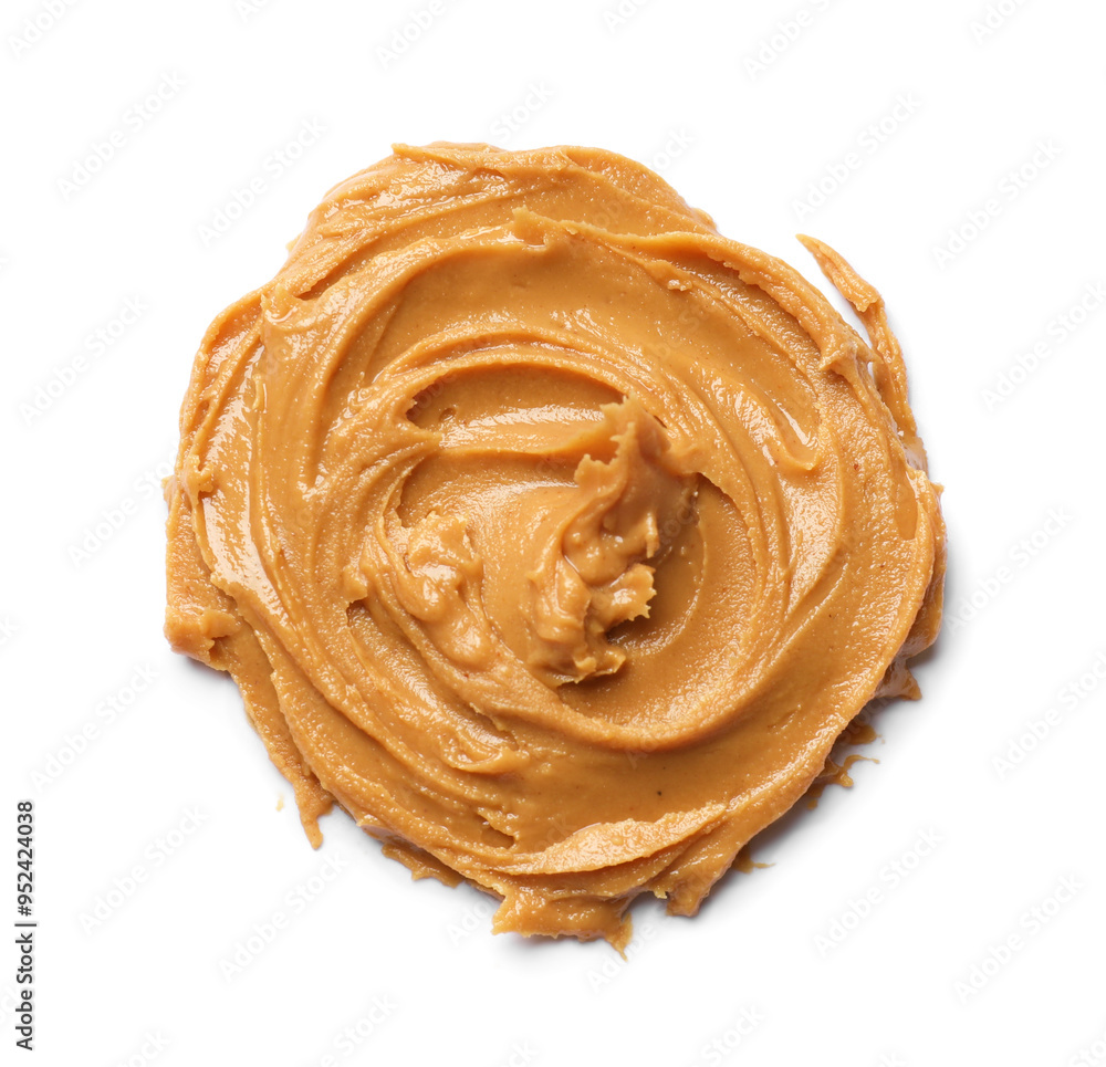 Fototapeta premium Tasty peanut butter on white background, top view