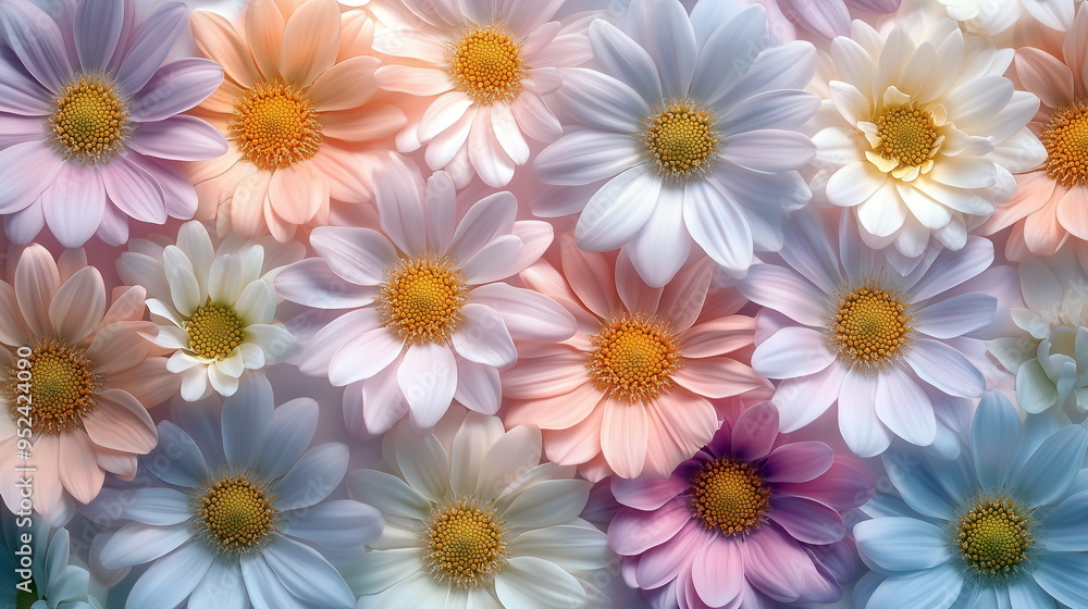A pattern of daisies in a tessellation, each flower blooming with soft, pastel colors, creating a soothing visual flow A pattern of daisies in a tessellation, each flower blooming with soft, pastel colors, creating a soothing visual flow