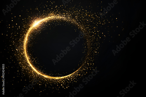 Gold glitter circle of light shine sparkles and golden spark particles in circle frame on black background. Christmas magic stars glow, firework confetti of glittery ring shimmer