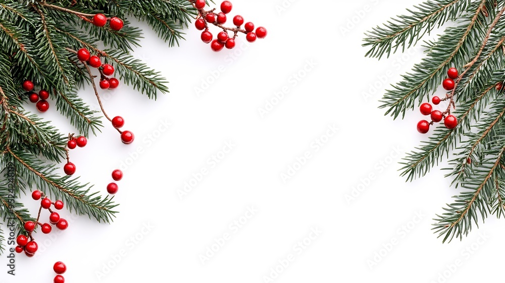 Christmas Evergreen Branches with Red Berries on White Background Christmas Evergreen Branches with Red Berries on White Background