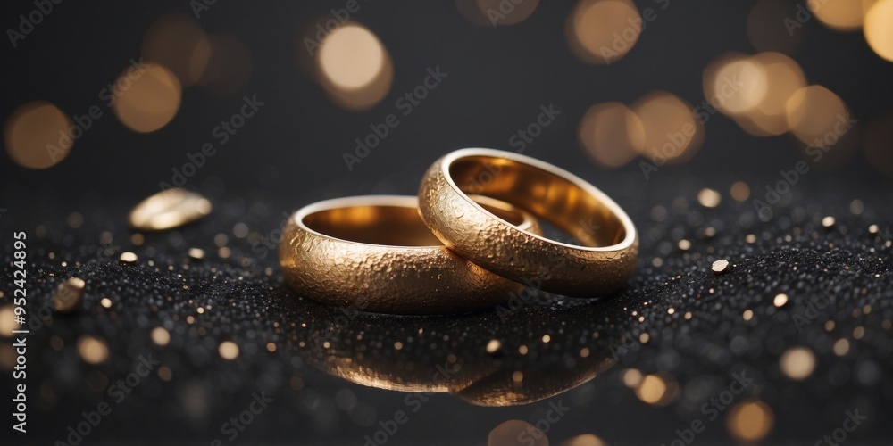Two Golden Wedding Bands on Black Glitter. Two Golden Wedding Bands on Black Glitter.