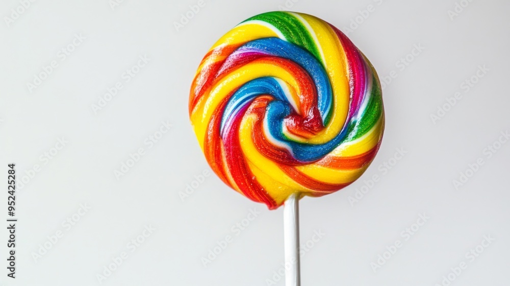 A detailed close-up of a lollipop with a spiral design and vibrant hues, with a white backdrop enhancing its glossy texture and cheerful appearance. A detailed close-up of a lollipop with a spiral design and vibrant hues, with a white backdrop enhancing its glossy texture and cheerful appearance.