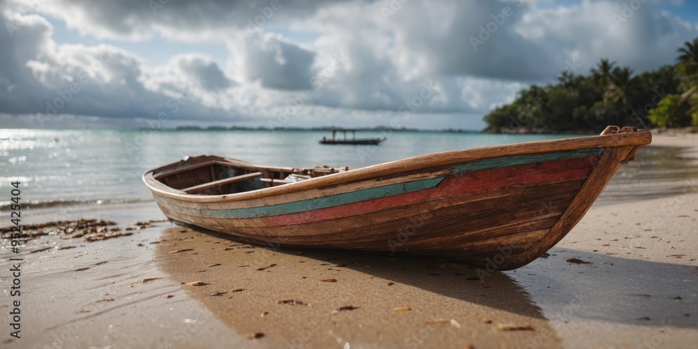 Wooden Boat on a Tropical Beach Under a Cloudy Sky. Wooden Boat on a Tropical Beach Under a Cloudy Sky.