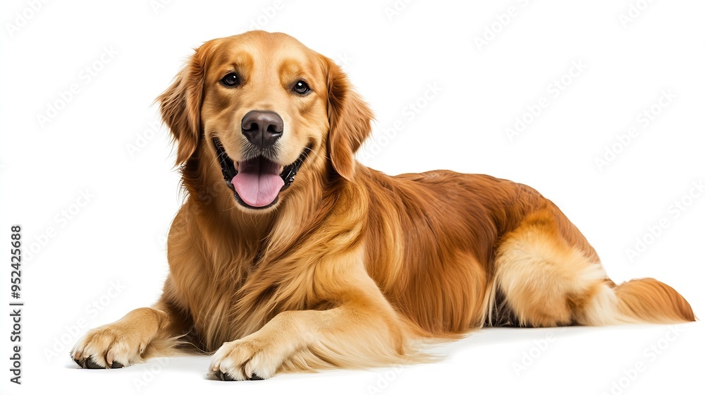 Golden Retriever dog Canis lupus familiaris great popular family domestic animal good with children isolated on white background tongue out while panting laying and looking towards c : Generative AI Golden Retriever dog Canis lupus familiaris great popular family domestic animal good with children isolated on white background tongue out while panting laying and looking towards c : Generative AI