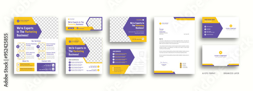 Marketing collateral set design template for digital marketing agency. Included templates are flyer, web banner, social media post, postcard, letterhead, and business card.