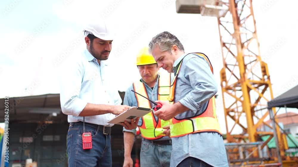 Engineers are actively working at the construction site, engaging in detailed discussions with one another. Engineers are actively working at the construction site, engaging in detailed discussions with one another.