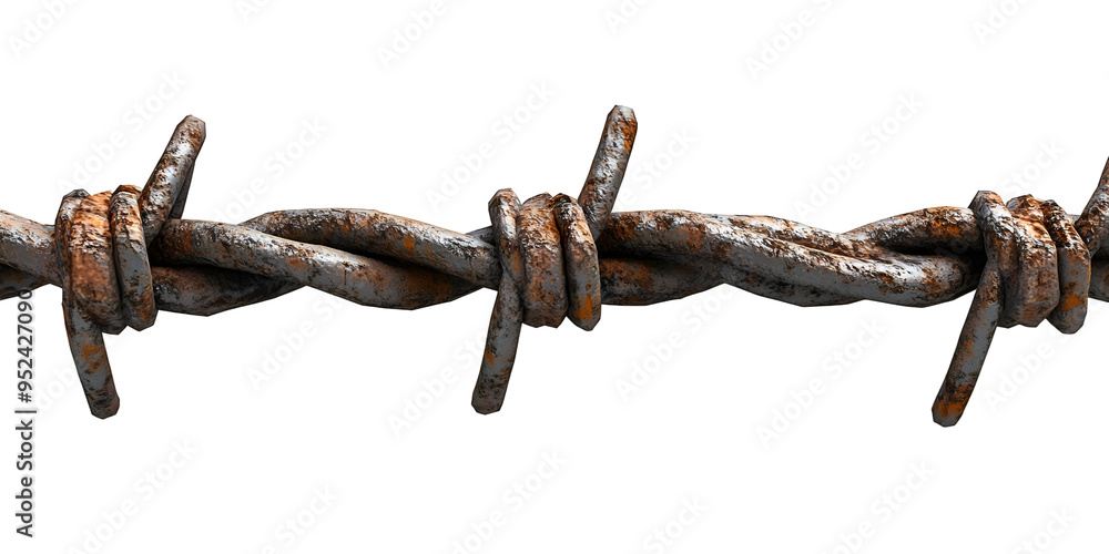 Close-up of weathered barbed wire, showcasing rust and texture, perfect for themes of division, security, or rural life. Close-up of weathered barbed wire, showcasing rust and texture, perfect for themes of division, security, or rural life.