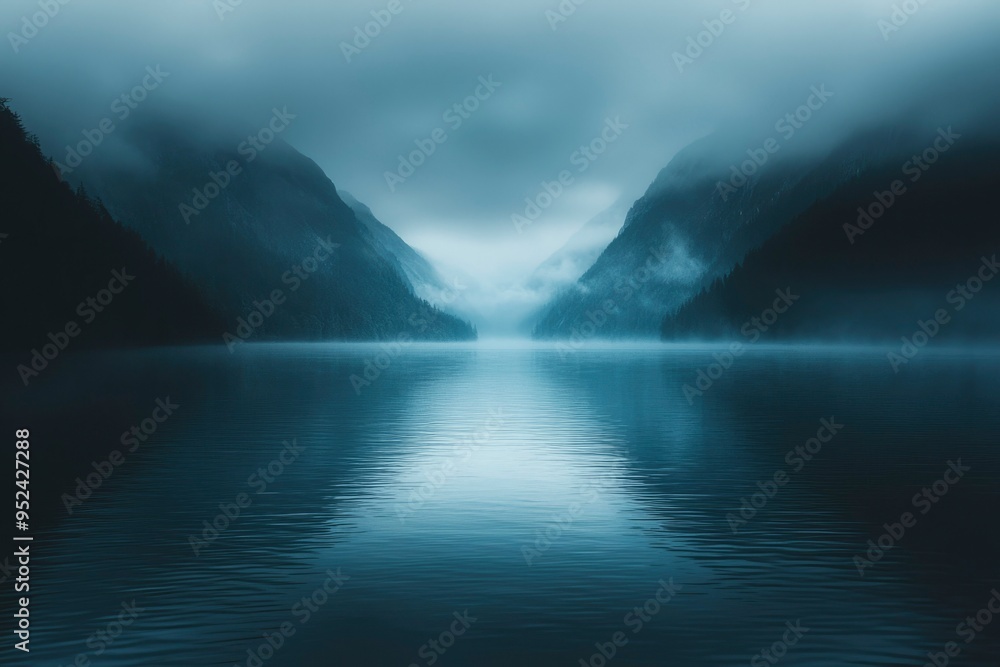 Fototapeta premium Foggy Mountain Lake with Calm Water