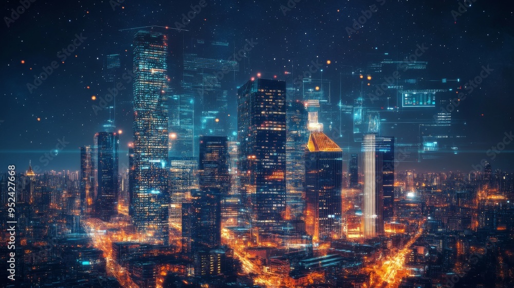 Fototapeta premium A futuristic cityscape with illuminated skyscrapers and advanced technology elements integrated into the architecture, set against a night sky