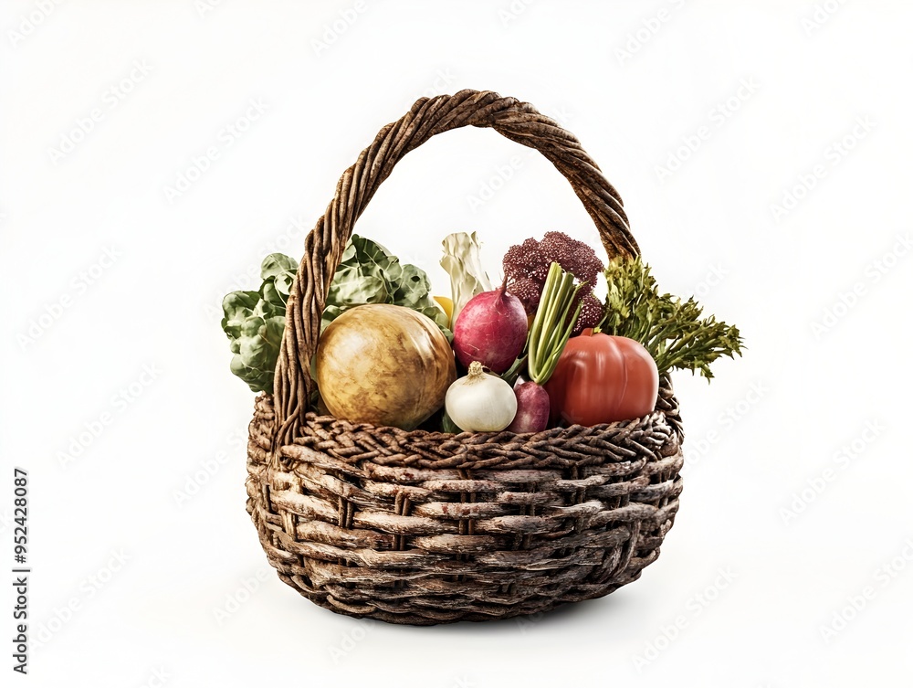 Rustic Woven Basket Filled with Fresh Organic Produce on Minimalist White Background Rustic Woven Basket Filled with Fresh Organic Produce on Minimalist White Background