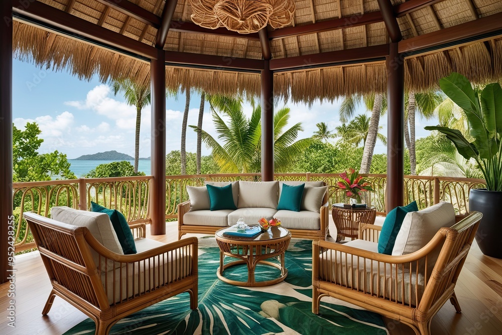 Fototapeta premium Tropical Living Room Decor Featuring Rattan Furnishings and Scenic Nature Views