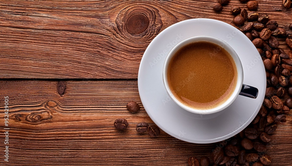 Cup of coffee on wooden table, top view
Cup of coffee on wooden table, top view