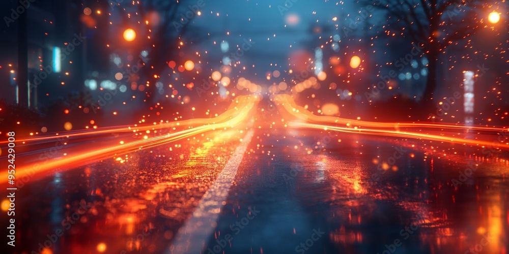 Night city street with car lights reflected on wet road. Christmas celebration concept. Image for backgrounds, banners, and event promotions. Night city street with car lights reflected on wet road. Christmas celebration concept. Image for backgrounds, banners, and event promotions.