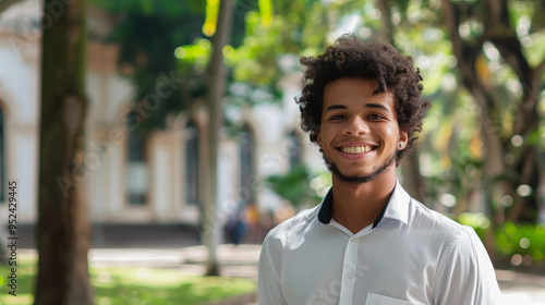 Young smiling Brazilian man in business office clothes against the background of a beautiful building in Rio de Janeiro, student, boy, guy, university, worker, entrepreneur, employee, businessman