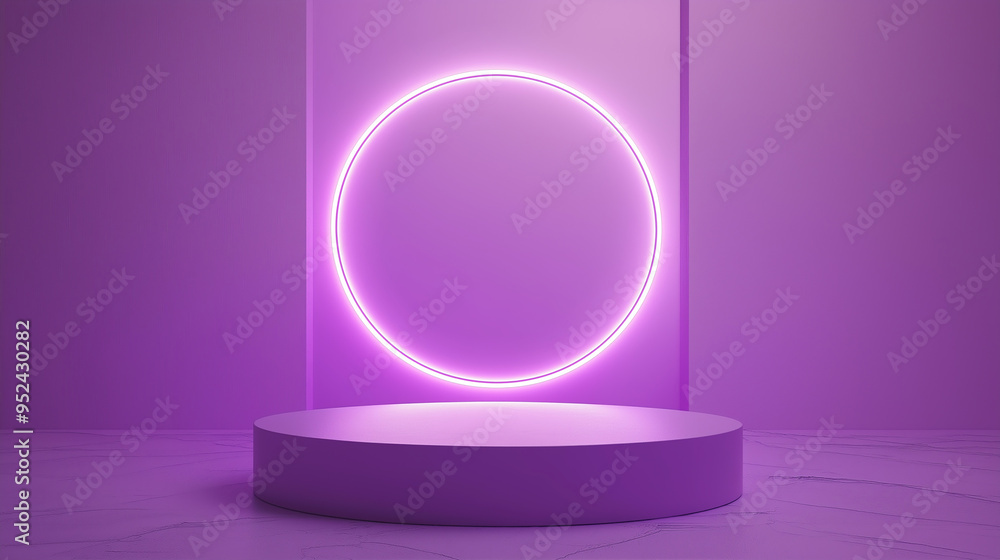 Purple display podium mockup with purple neon circle on geometric background. Cylinder podium for product presentation and promotion. Advertising concept background. Purple display podium mockup with purple neon circle on geometric background. Cylinder podium for product presentation and promotion. Advertising concept background.