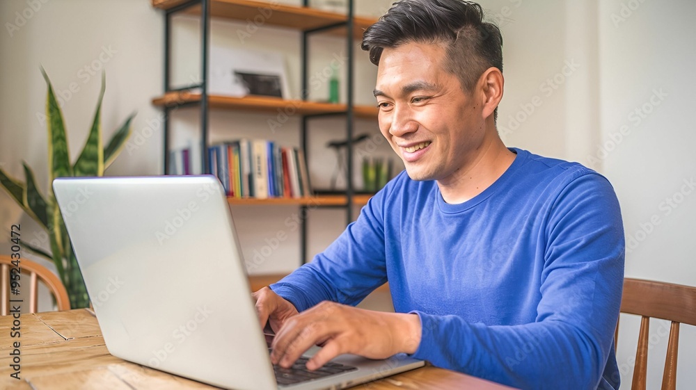 Smiling Asian Man Enjoying a Productive Day Working Remotely from His Cozy Home Office on a Laptop Smiling Asian Man Enjoying a Productive Day Working Remotely from His Cozy Home Office on a Laptop