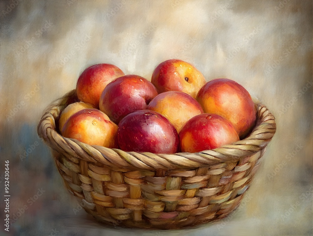 Freshly Picked Nectarines in Woven Bamboo Basket Under Morning Sun Freshly Picked Nectarines in Woven Bamboo Basket Under Morning Sun