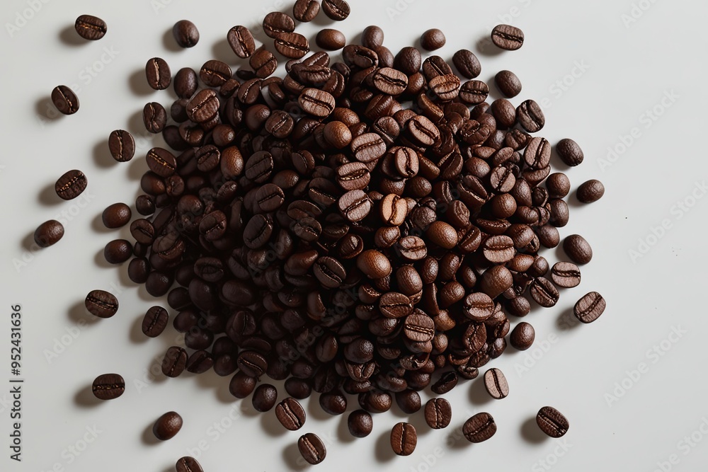 Fototapeta premium Aerial Perspective of Dispersed Coffee Beans on White Background