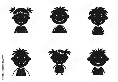 Set of six smiling child silhouettes in black isolated on white