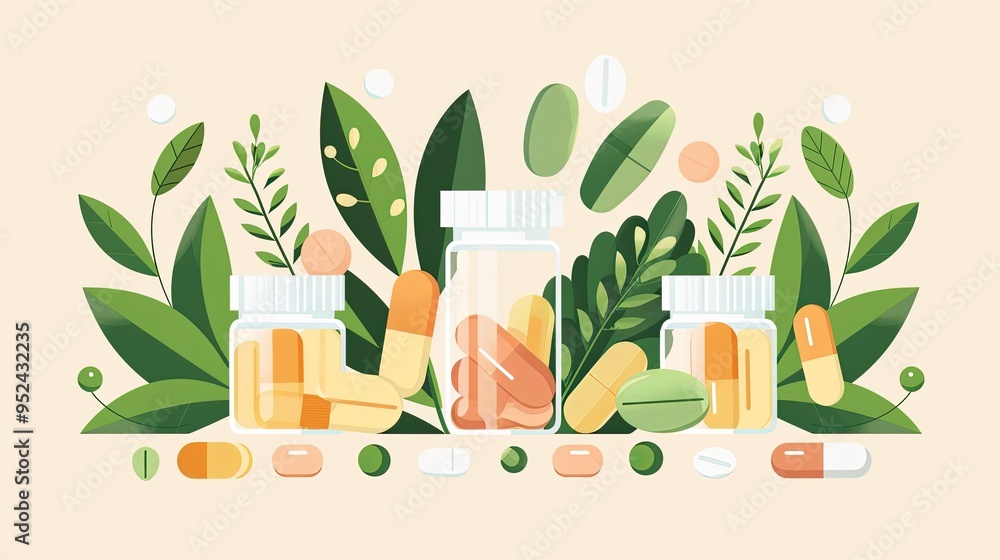 illustration of pill on green plant background, medicine illustration of pill on green plant background, medicine