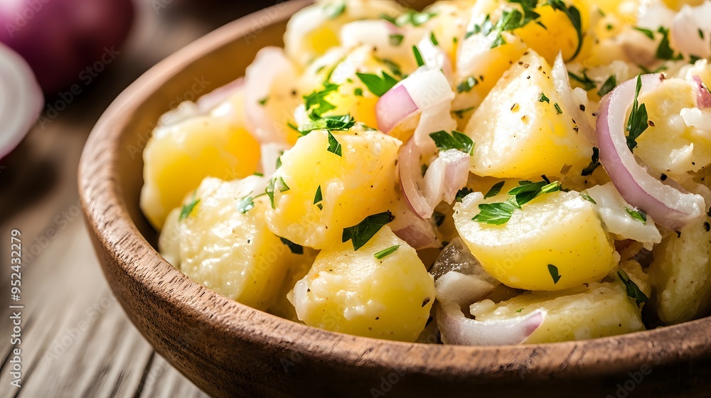 Potato salad with red onion and parsley in a wooden bowl Potato salad with red onion and parsley in a wooden bowl