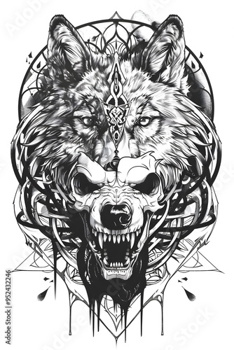 Skull and Wolf very simple traditional tattoo flash styles illustration