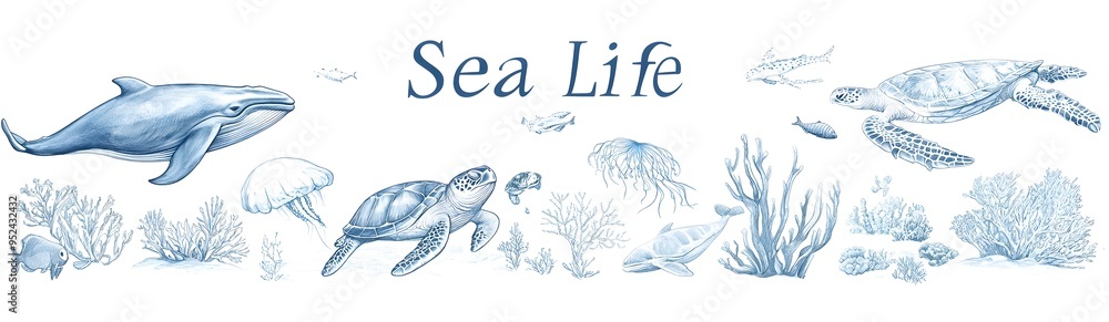 Beautifully Illustrated Grid of Diverse Sea Creatures in Oceanic Composition Beautifully Illustrated Grid of Diverse Sea Creatures in Oceanic Composition