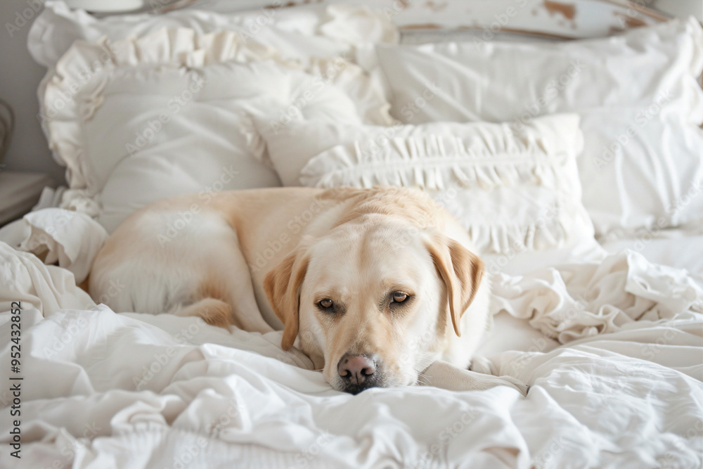 a dog laying on a bed with white sheets a dog laying on a bed with white sheets