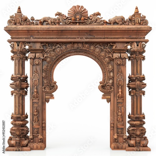 Intricately Carved Wooden Arch with Traditional Motifs photo