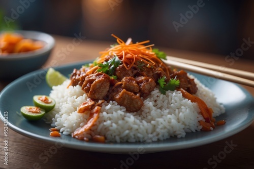 A traditional Asian-style meal served with steamed rice and chopsticks. photo